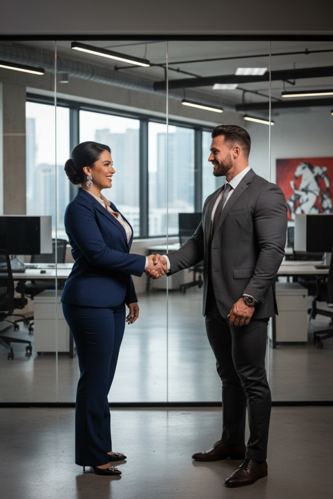 A professional woman in a navy suit and a man in a grey suit shake hands in a modern office with floor-to-ceiling windows.